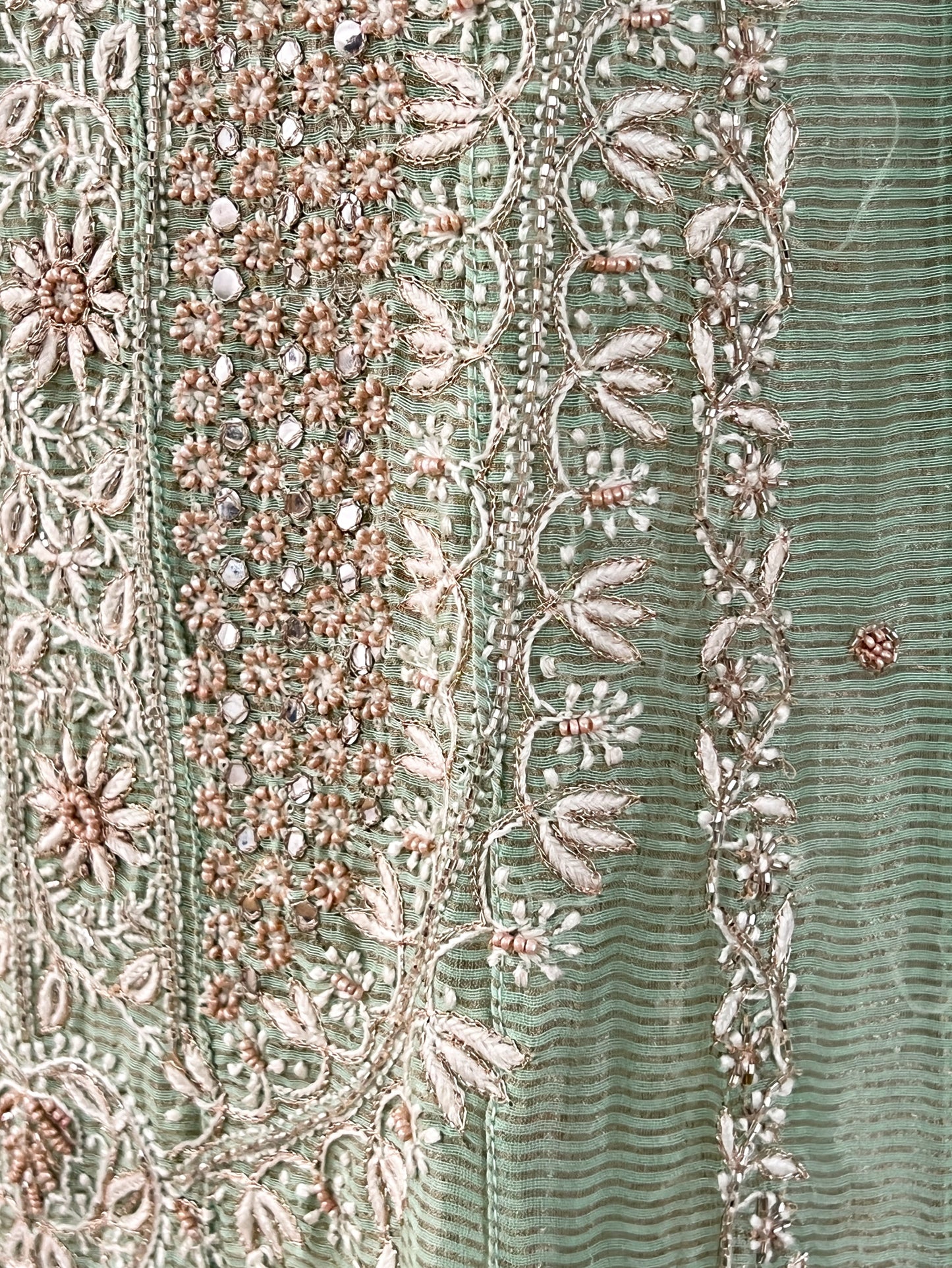 Sage Green Striped Tissue Chanderi Anarkali- Chikankari and embellishments
