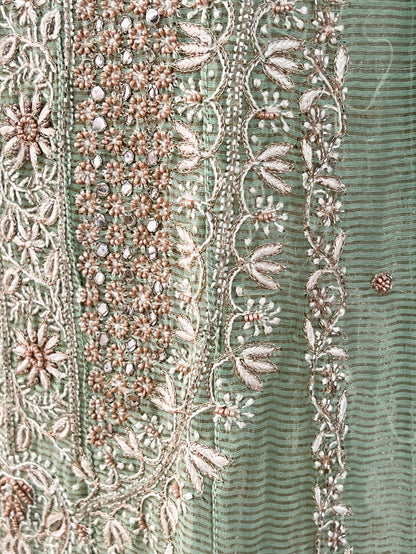 Sage Green Striped Tissue Chanderi Anarkali- Chikankari and embellishments