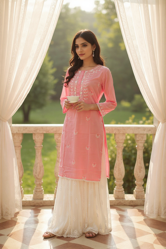 Pink Cotton Kurti with Chikankari