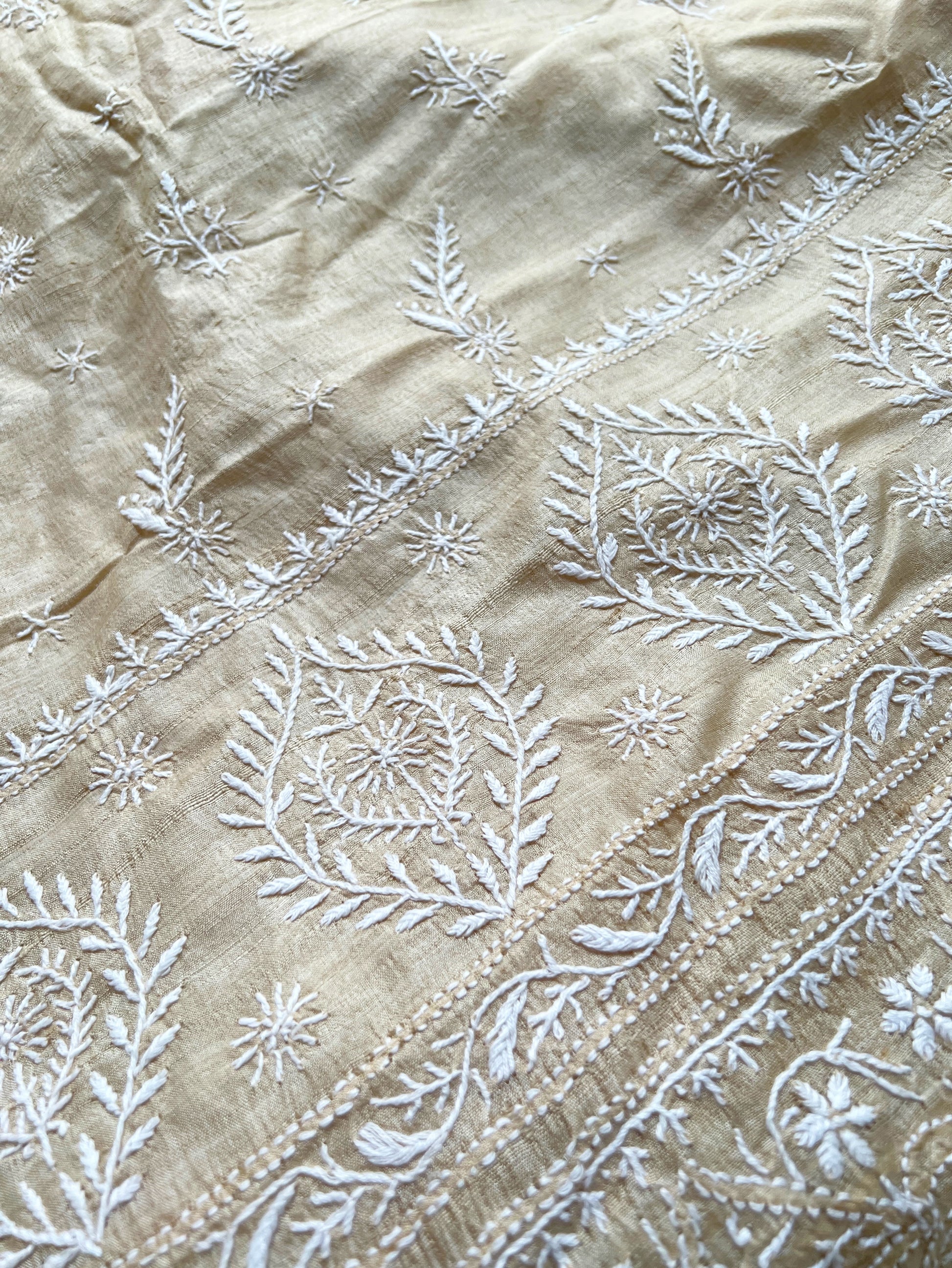 Close up of Pure Tussar Silk Saree With Chikankari 