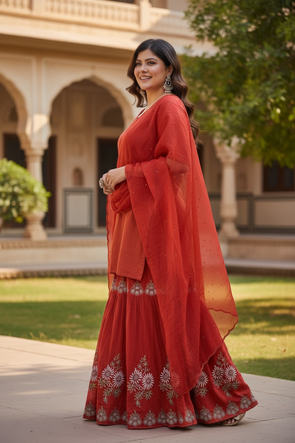 Rust Orange Chikankari Gharara on Tissue Chanderi