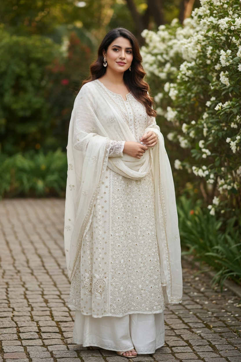 Pure Organza Silk Anarkali – Hand-Embroidered Chikankari & Luxe Embellishments