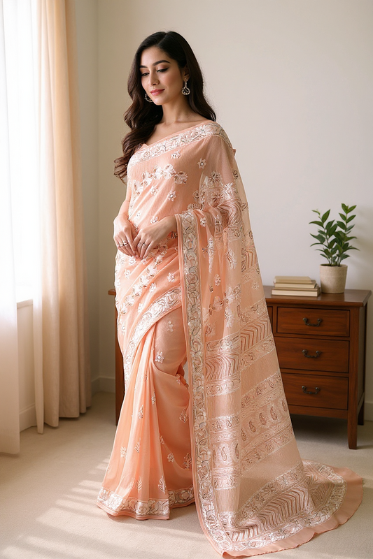 Pastel Peach Saree with Chikankari & Embellishments