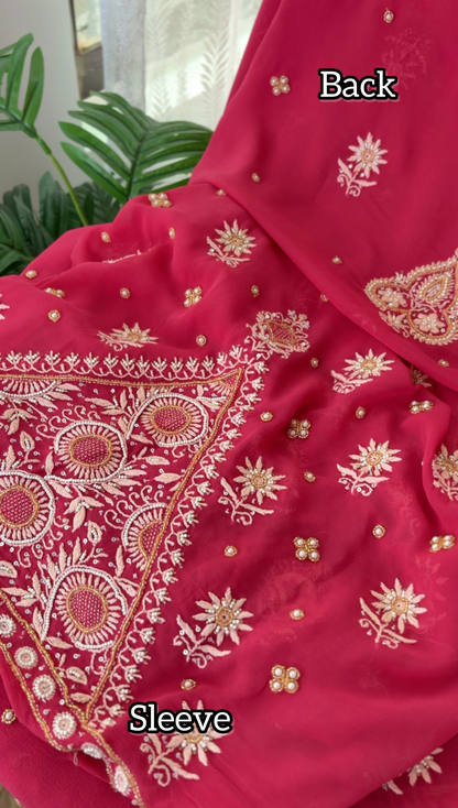 Soft Red Pure Georgette Suit with Chikankari & Embellishments