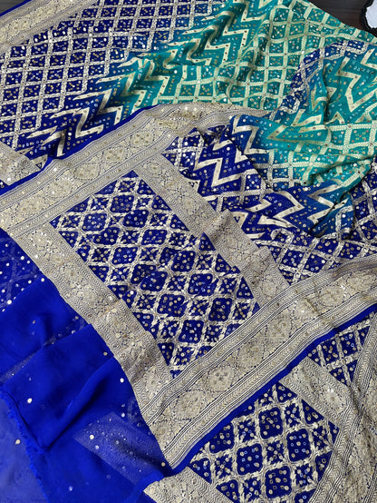 Royal Blue and Green Banarsi Bandhej Dupatta with Mukaish