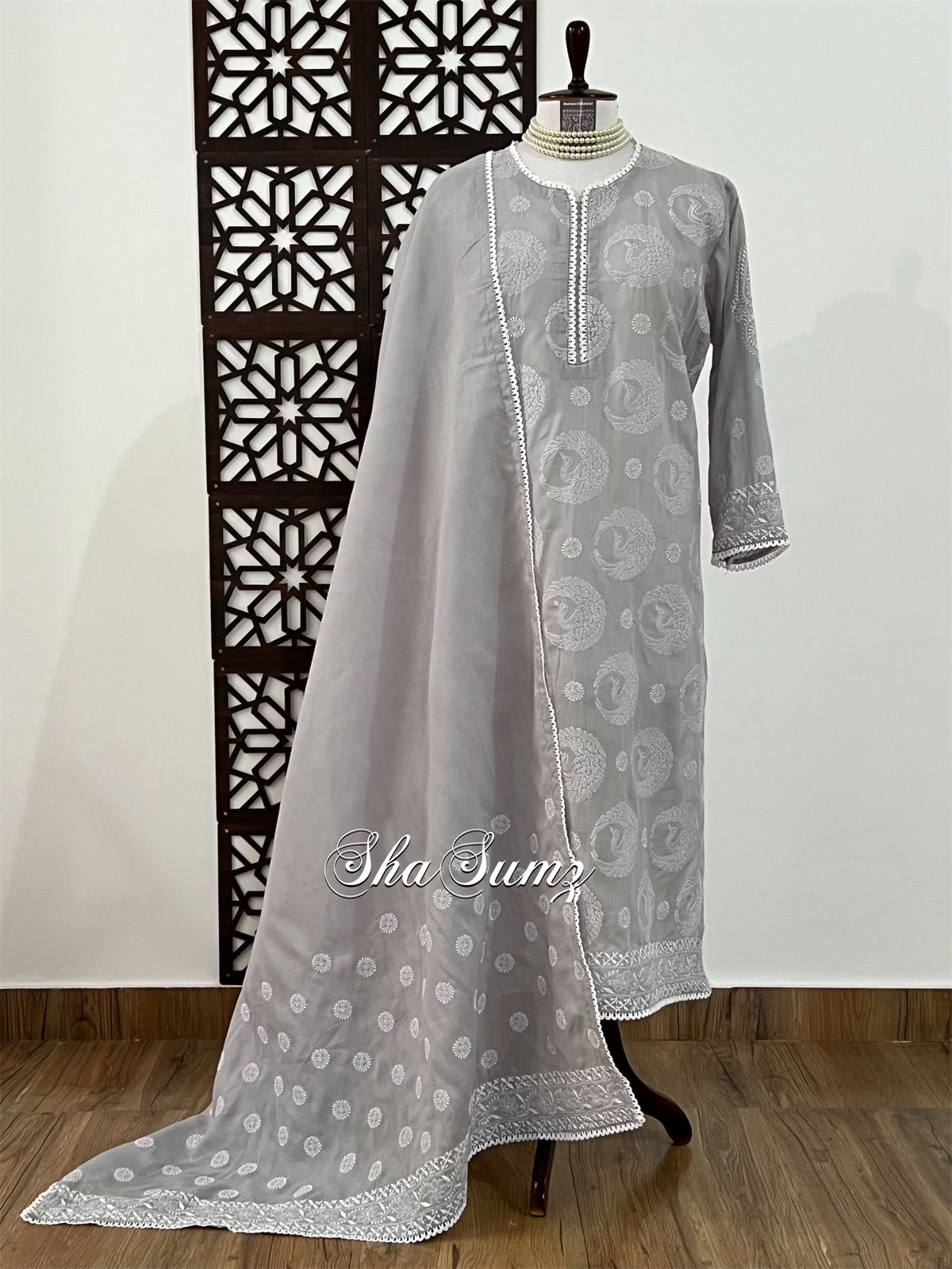 Birds Design Suit on Light Grey Cotton Voile