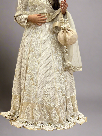 Ivory & Gold Lehenga Skirt with Chikankari, Zardozi & Embellishments