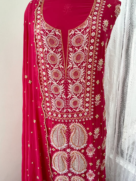 Soft Red Pure Georgette Suit with Chikankari & Embellishments