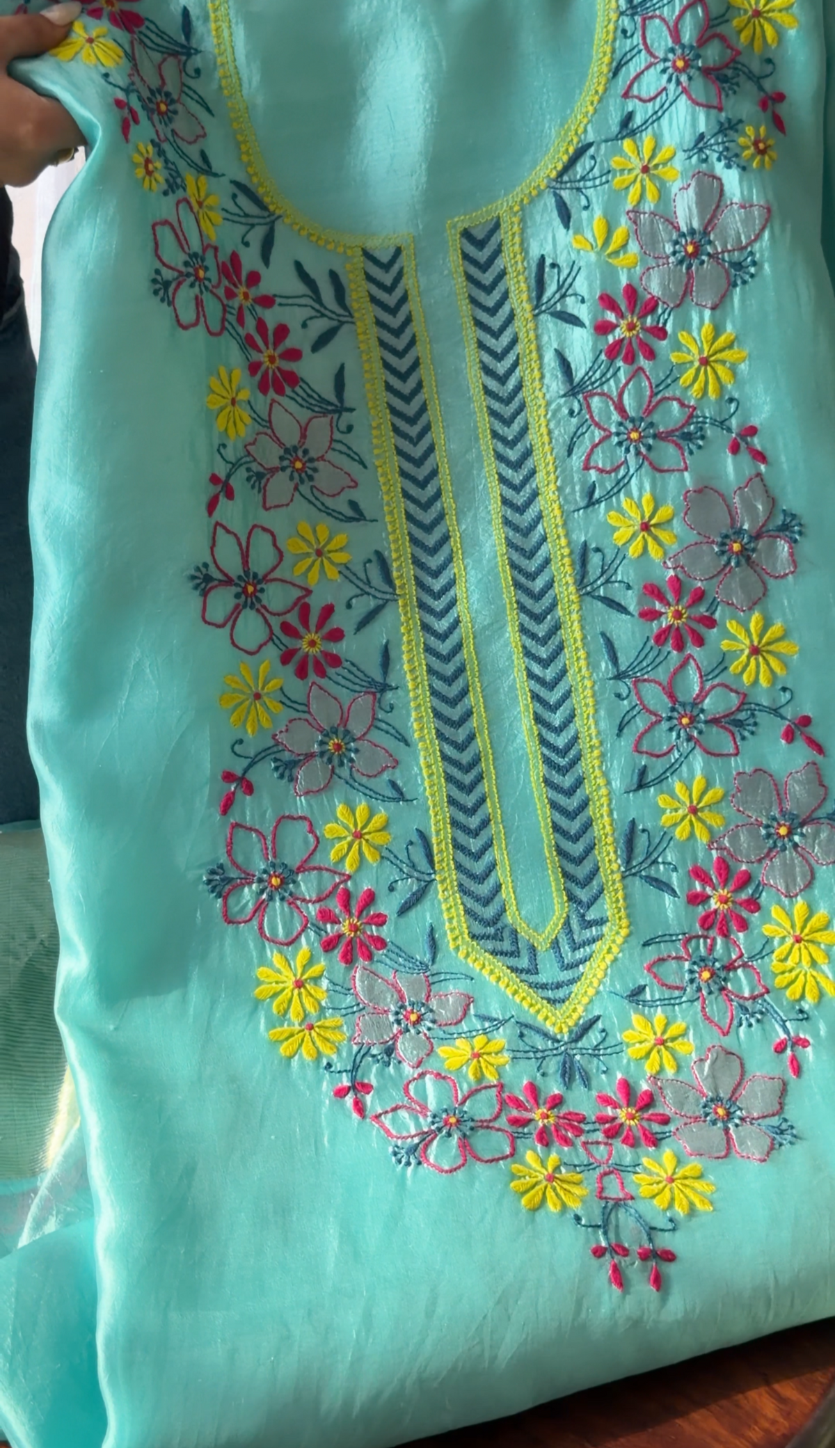 Pure Handwoven Silk Kurta Set with Multi Color Chikankari