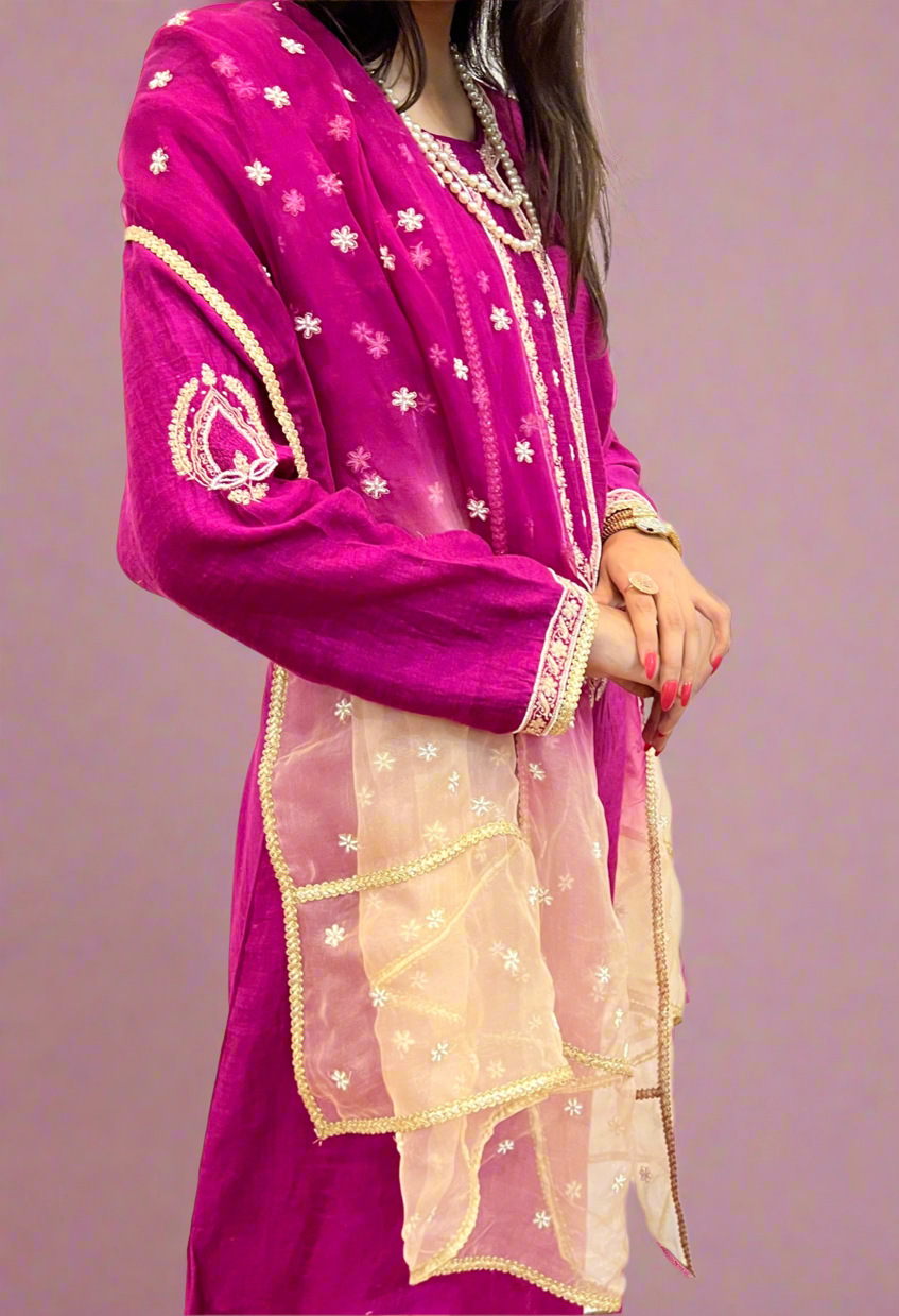 Fuchsia Rose Pure Silk Suit with Chikankari & Embellishments
