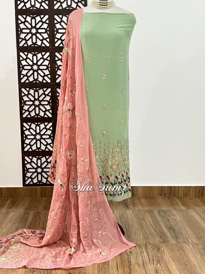 Pistachio Green & Blush Pink Crepe Silk Zardozi Suit