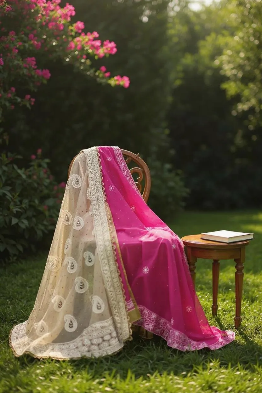 Bride wearing ShaSumz Cream-Gold Chikankari Ensemble with Fuchsia Dupatta