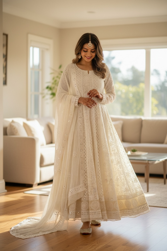 Ivory Chikankari & Mukaish Anarkali – Pure Georgette Elegance