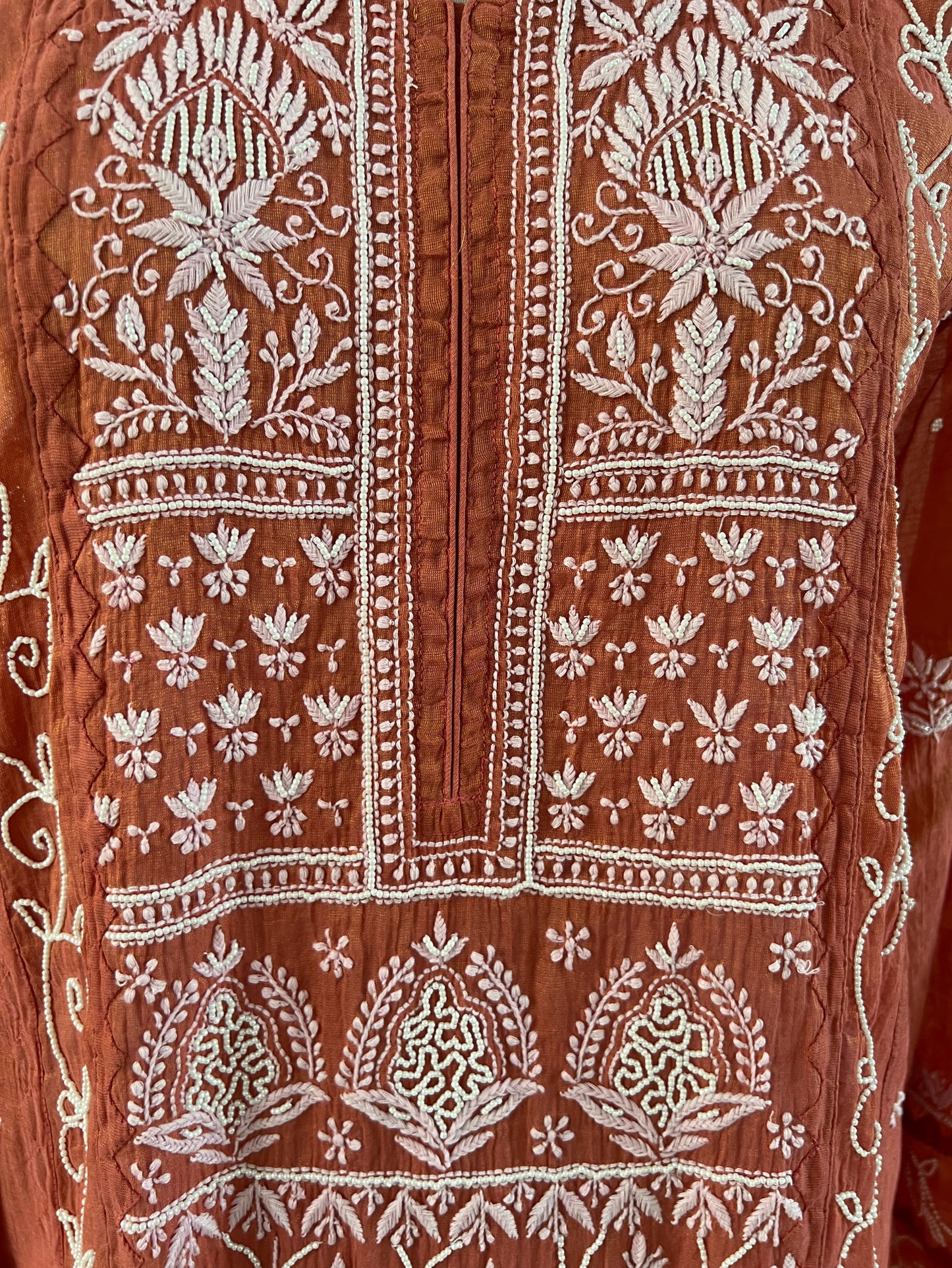 Burnt Peach Tissue Chanderi Silk Suit with Chikankari and Embellishments