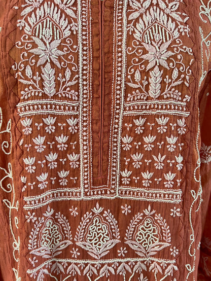 Burnt Peach Tissue Chanderi Silk Suit with Chikankari and Embellishments