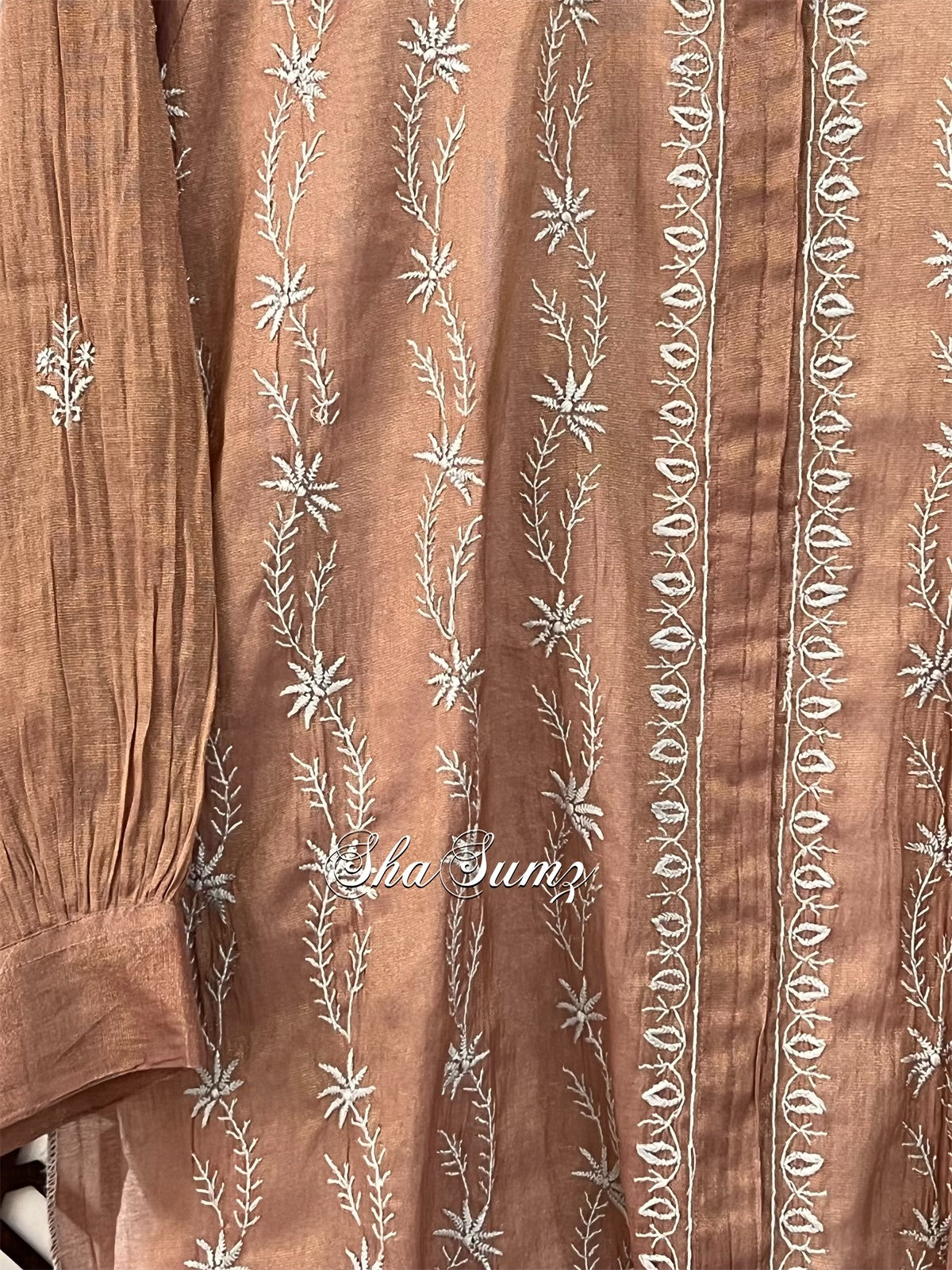 Copper Tissue Chanderi Silk Chikankari Shirt