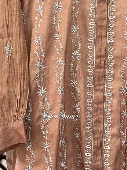 Copper Tissue Chanderi Silk Chikankari Shirt