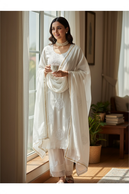 White Pure Chanderi Silk Suit with Do Taar Chikankari