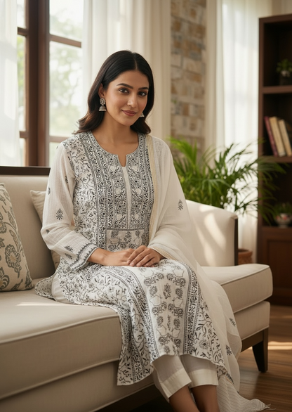 Monochrome Chikankari and Embellishments Kurta Set on Mul Chanderi with intricate detailing in natural light.