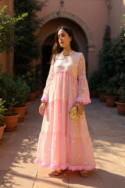 Powder Pink Dress with Chikankari & Embellishments