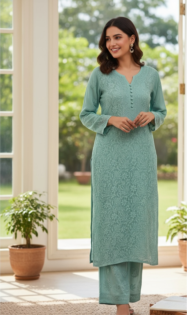 Teal Green Chikankari Suit for Summer Wear