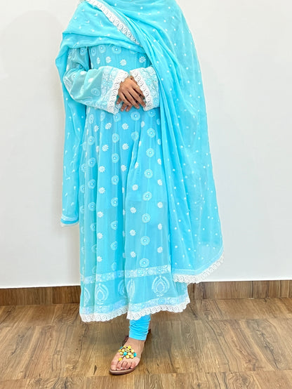 Aqua Blue Anarkali with Chikankari