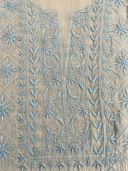Silver Grey Mul Chanderi Anarkali – Hand-Embroidered Chikankari & Haath Jaali Work