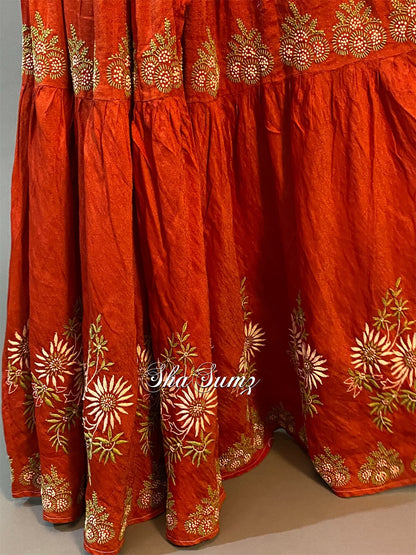 Rust Orange Chikankari Gharara on Tissue Chanderi