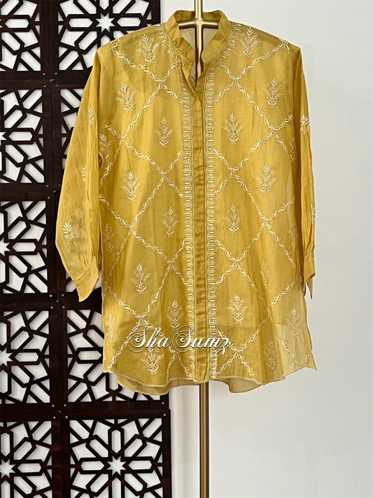 Golden Yellow Tissue Chanderi Silk Chikankari Shirt