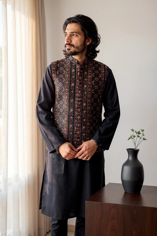 Black Silk Jackets with Resham Thread Tepchi for Men