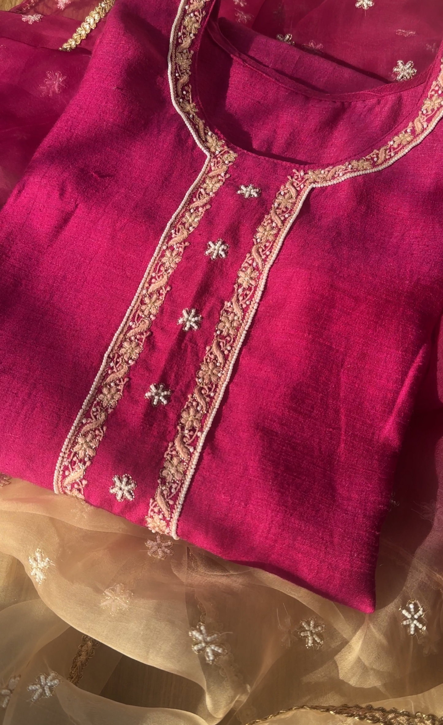 Fuchsia Rose Pure Silk Kurta Set with Chikankari & Embellishments