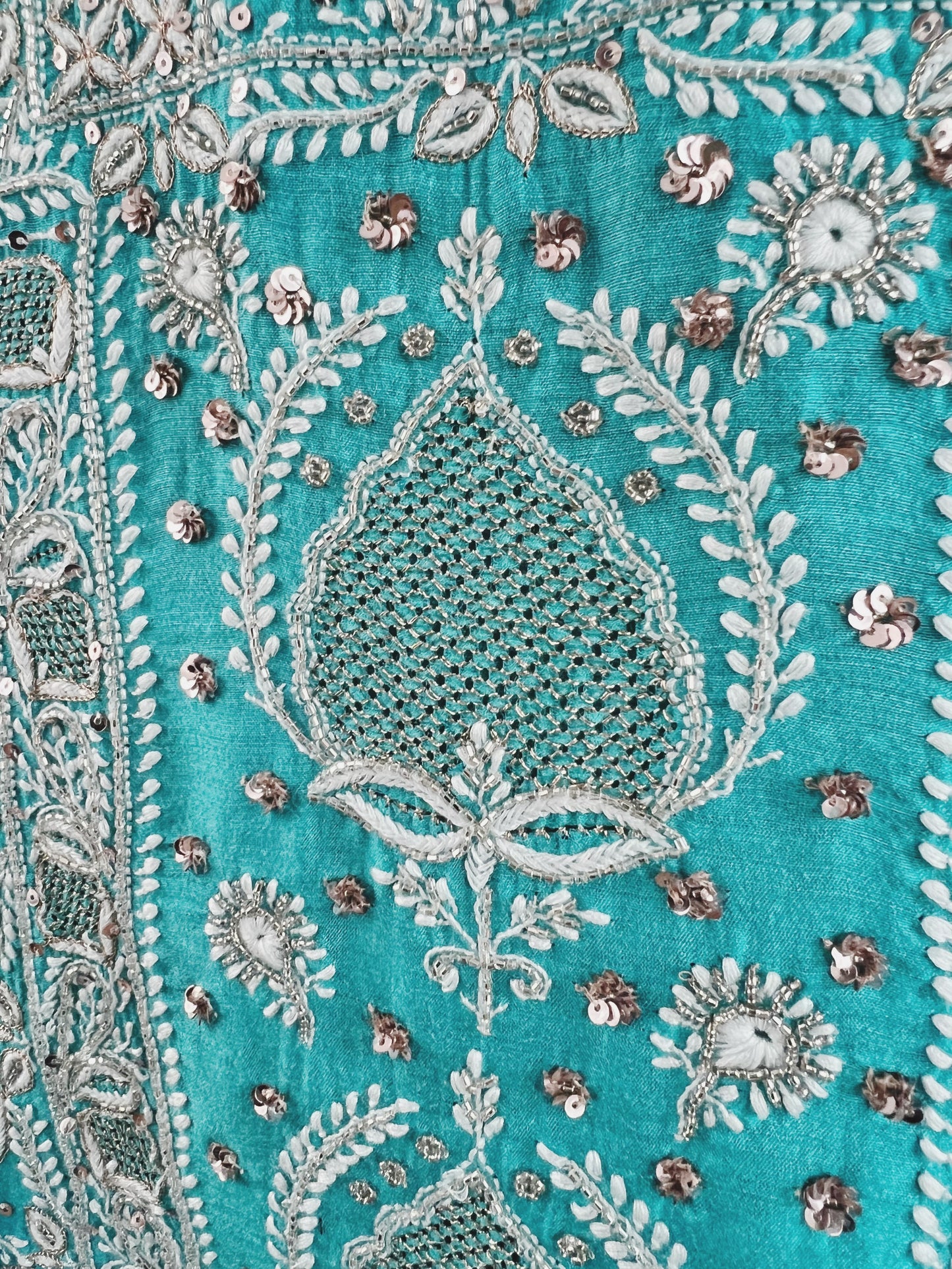 Pure Munga Silk Chikankari with Embellishments | Turquoise Classic