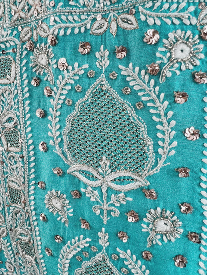 Pure Munga Silk Chikankari with Embellishments | Turquoise Classic