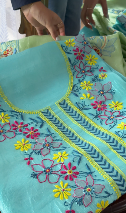 Pure Handwoven Silk Kurta Set with Multi Color Chikankari