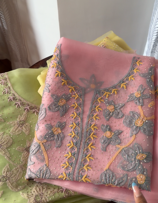Pure Organza Silk Chikankari & Kamdani Suit Set