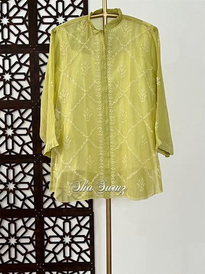 Lime Green Mul Chanderi Chikankari Shirt