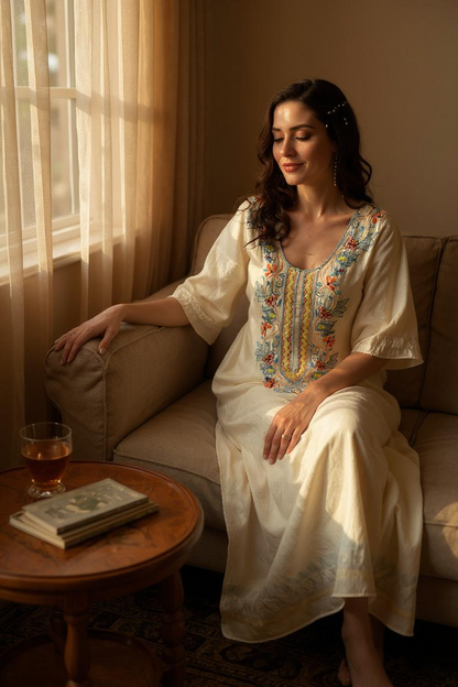 woman wearing ShaSumz Ivory Pure Silk Kaftan