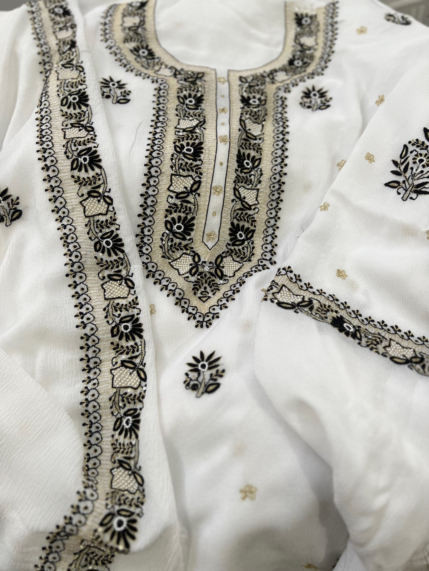 Black & White Crinkle Chiffon Suit with Chikankari and Embellishments