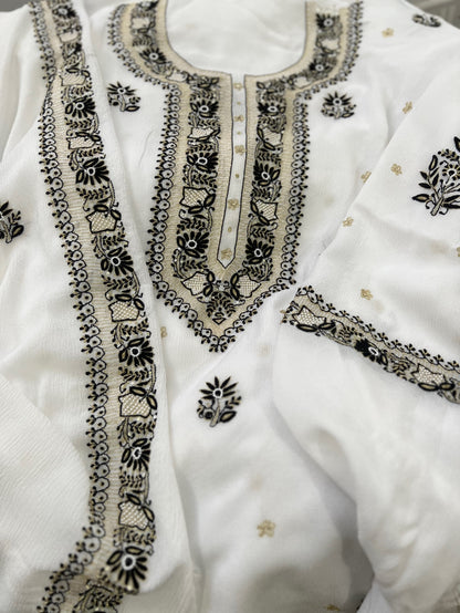 Black & White Crinkle Chiffon Suit with Chikankari and Embellishments