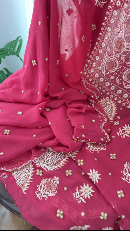 Soft Red Pure Georgette Suit with Chikankari & Embellishments