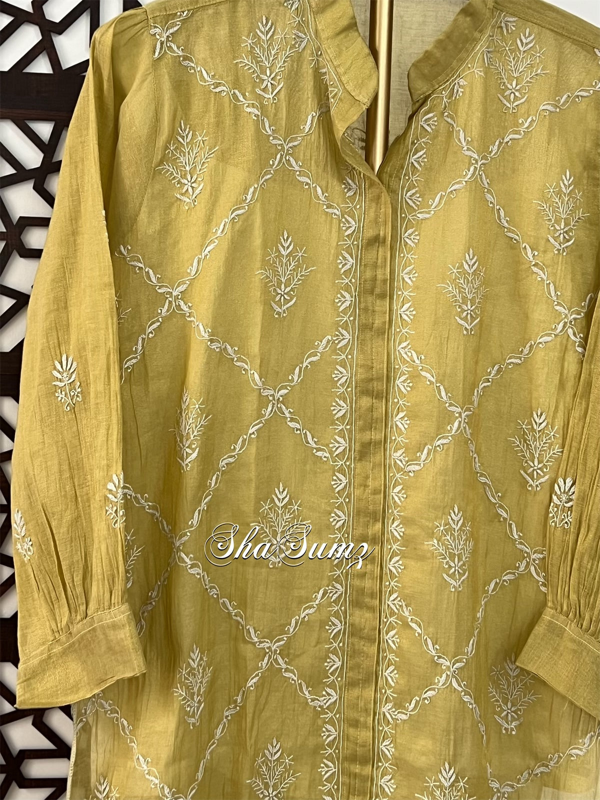 Mustard Yellow Tissue Chanderi Silk Chikankari Shirt