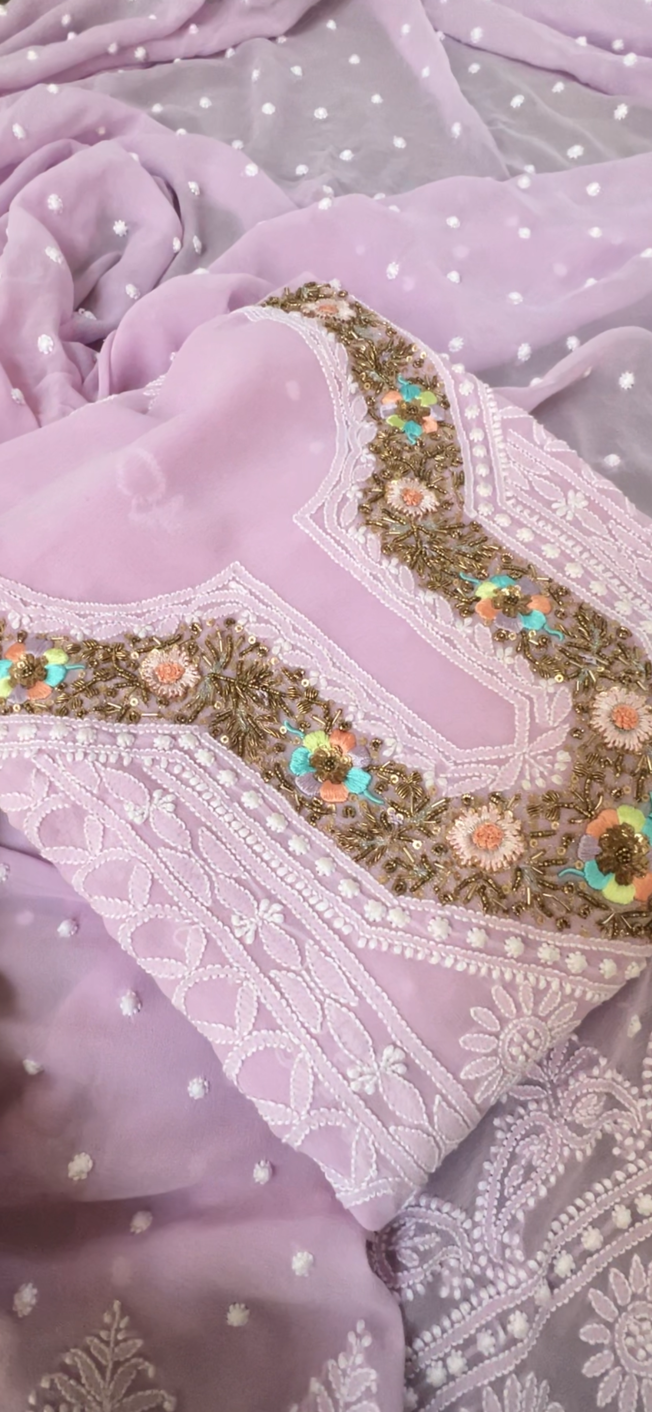 Lavender Luxe: Pure Georgette Suit with Chikankari & Zardozi