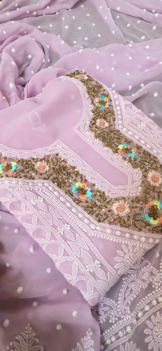 Lavender Luxe: Pure Georgette Suit with Chikankari & Zardozi