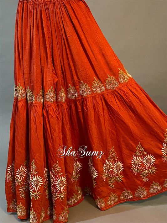 Rust Orange Chikankari Gharara on Tissue Chanderi