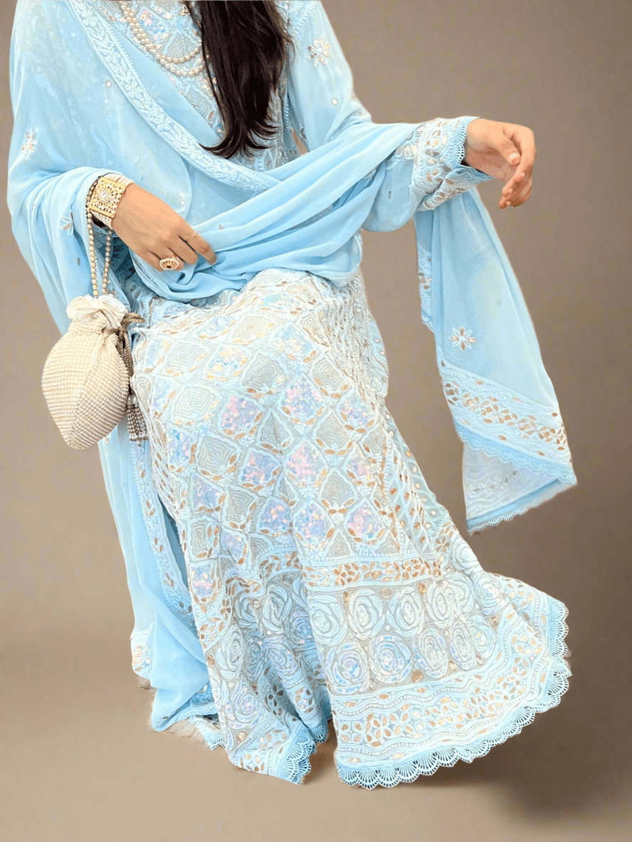 Powder Blue Anarkali with Chikankari & embellishments