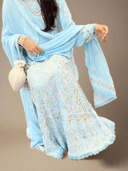 Powder Blue Anarkali with Chikankari & embellishments