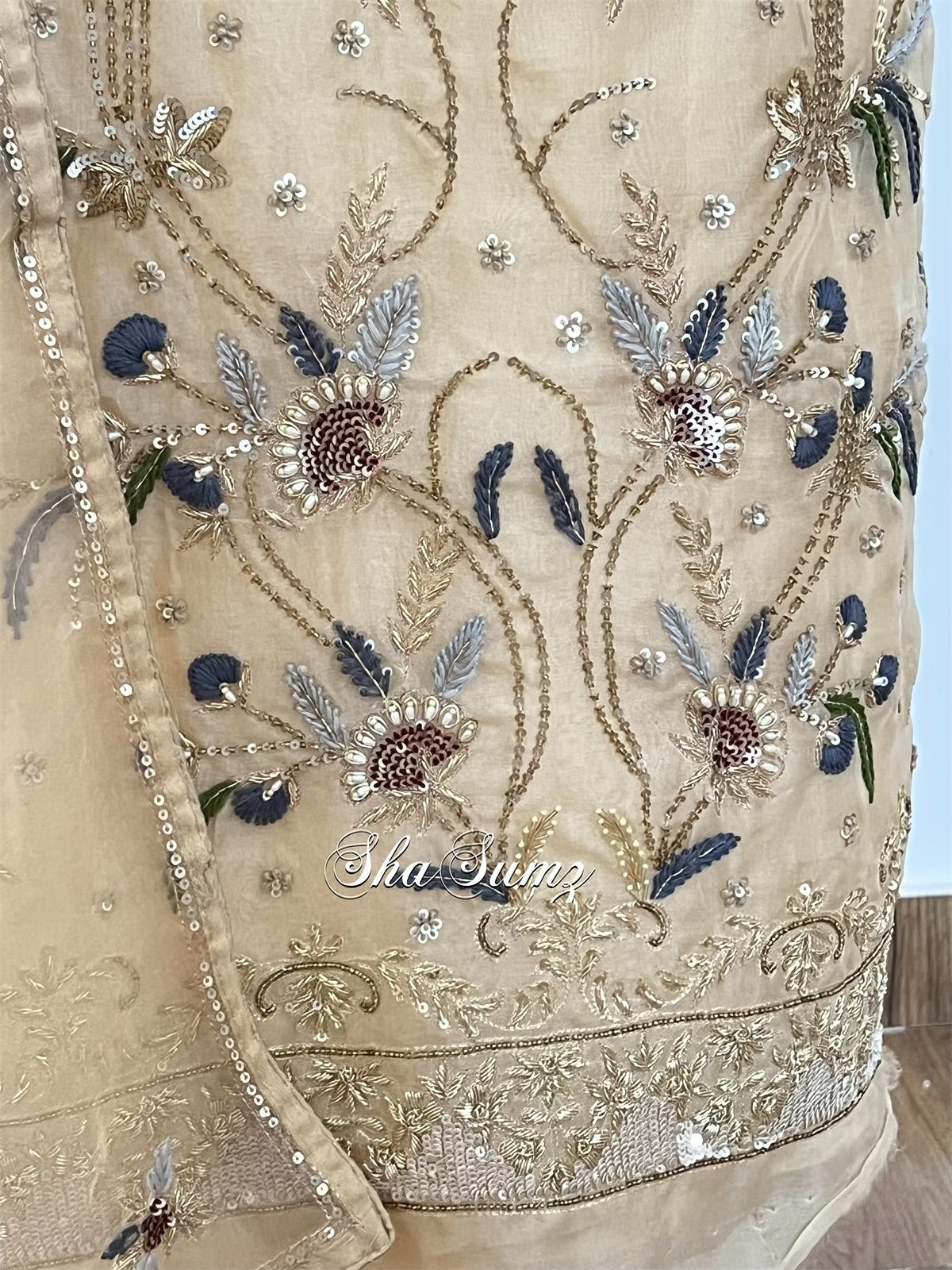 Golden Beige Pure Organza Silk Suit with Zardozi