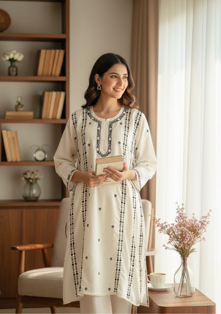White Cotton Kalidar with Do Taar Chikankari