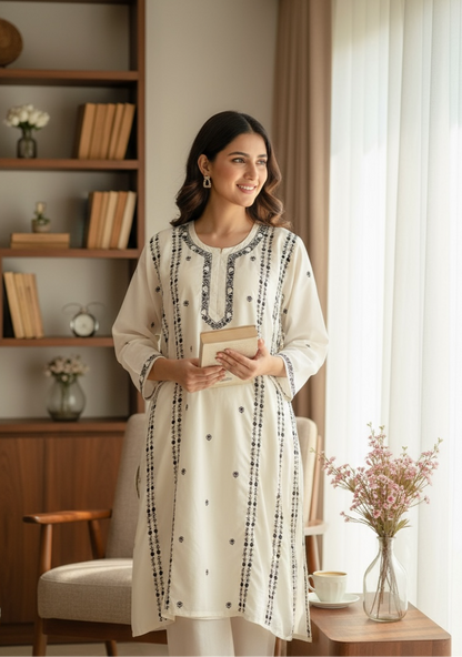 White Cotton Kalidar with Do Taar Chikankari