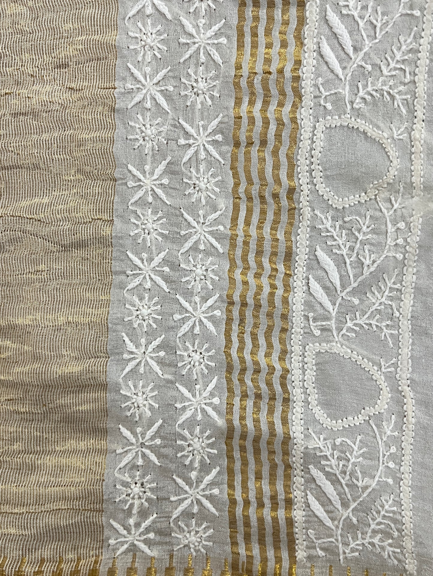 Close up of Pure Silk Saree with Chikankari & Zari Border